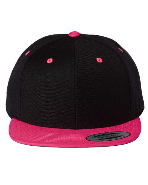 YP Classics 6089M Premium Flat Bill Snapback Cap - Black/ Neon Pink - front