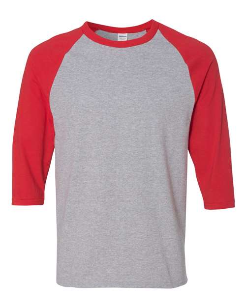 Gildan 5700 Unisex Heavy Cotton™ Raglan Three-Quarter Sleeve T-Shirt - Sport Grey/ Red - front