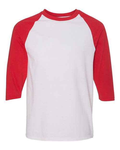 Gildan 5700 Unisex Heavy Cotton™ Raglan Three-Quarter Sleeve T-Shirt - White/ Red - front