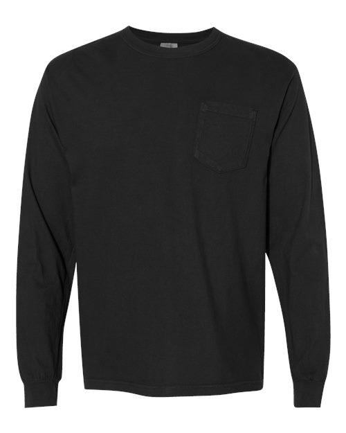 Comfort Colors 4410 Unisex Garment-Dyed Heavyweight Long Sleeve Pocket T-Shirt - Black - front