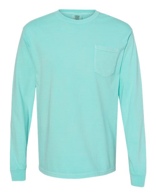 Comfort Colors 4410 Unisex Garment-Dyed Heavyweight Long Sleeve Pocket T-Shirt - Chalky Mint - front
