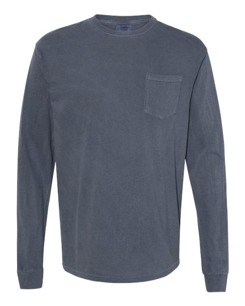 Comfort Colors 4410 Unisex Garment-Dyed Heavyweight Long Sleeve Pocket T-Shirt - Denim - front