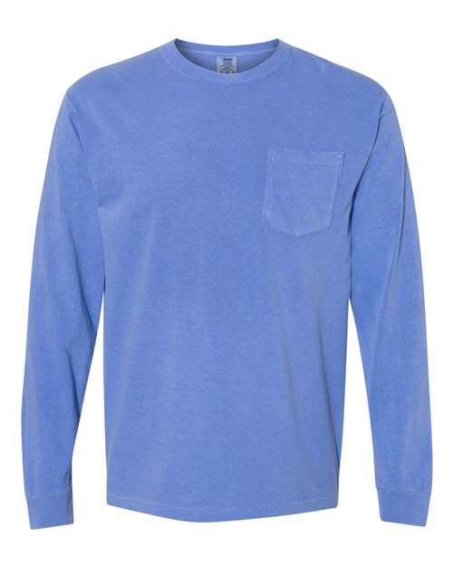 Comfort Colors 4410 Unisex Garment-Dyed Heavyweight Long Sleeve Pocket T-Shirt - Flo Blue - front