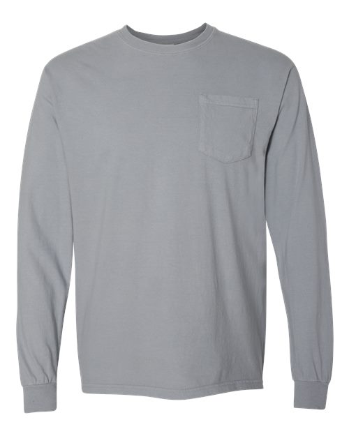 Comfort Colors 4410 Unisex Garment-Dyed Heavyweight Long Sleeve Pocket T-Shirt - Granite - front