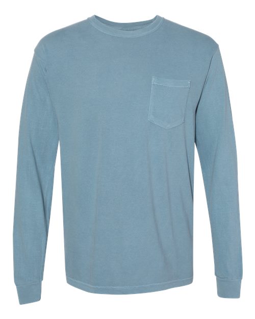 Comfort Colors 4410 Unisex Garment-Dyed Heavyweight Long Sleeve Pocket T-Shirt - Ice Blue - front