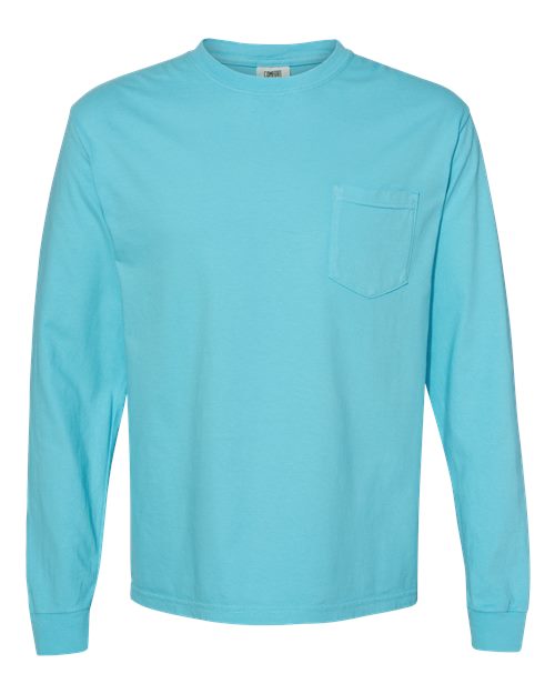 Comfort Colors 4410 Unisex Garment-Dyed Heavyweight Long Sleeve Pocket T-Shirt - Lagoon - front