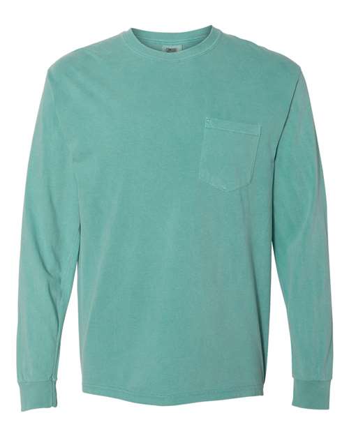 Comfort Colors 4410 Unisex Garment-Dyed Heavyweight Long Sleeve Pocket T-Shirt - Seafoam - front
