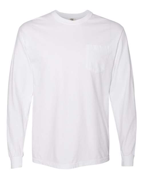 Comfort Colors 4410 Unisex Garment-Dyed Heavyweight Long Sleeve Pocket T-Shirt - White - front