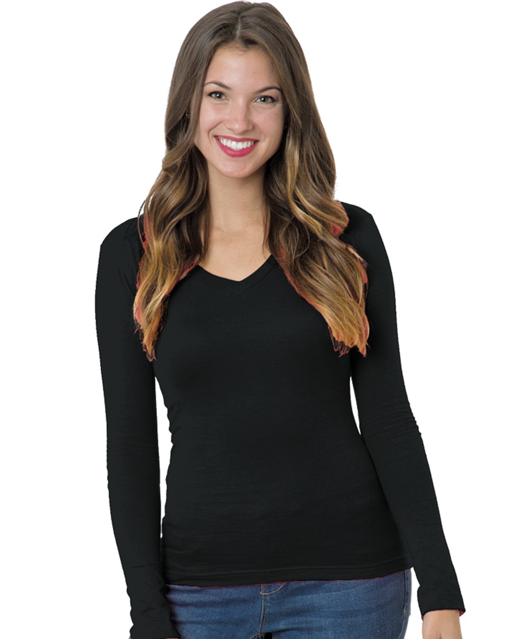 Bayside 3415 Junior's USA-Made Deep V-Neck Long Sleeve T-Shirt - style