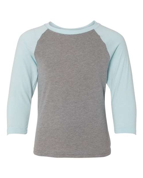 Next Level 3352 Youth CVC Three-Quarter Sleeve Raglan Tee - Ice Blue Sleeves/ Dark Heather Grey Body - front
