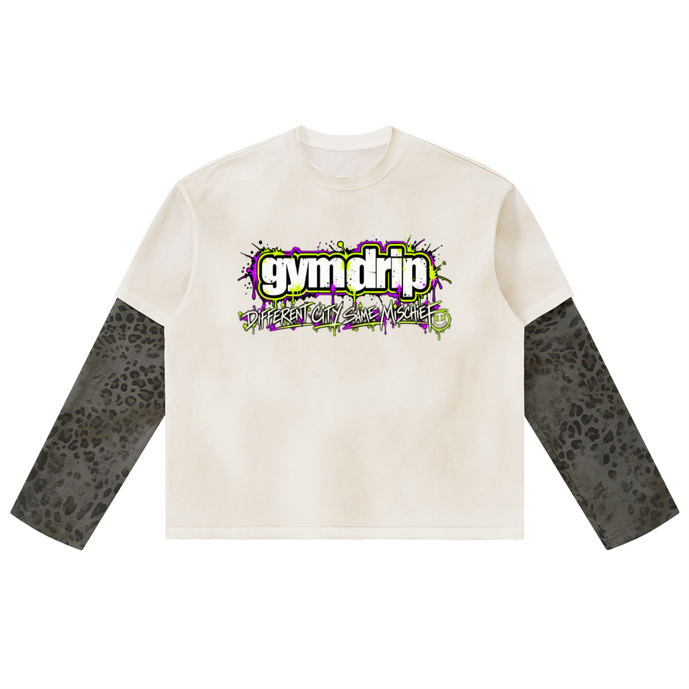 GYM DRIP TOUR BUS COLLECTION Unisex Vintage Wash Leopard Paneled Layer T-Shirt