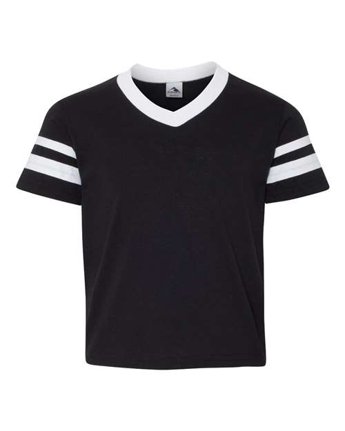 Augusta Sportswear 361 Youth V-Neck Jersey with Striped Sleeves - Black/ White - front