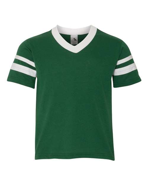 Augusta Sportswear 361 Youth V-Neck Jersey with Striped Sleeves - Dark Green/ White - front