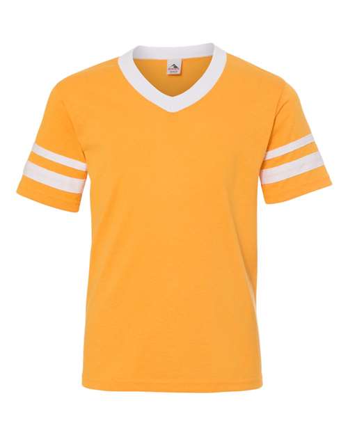 Augusta Sportswear 361 Youth V-Neck Jersey with Striped Sleeves - Gold/ White - front