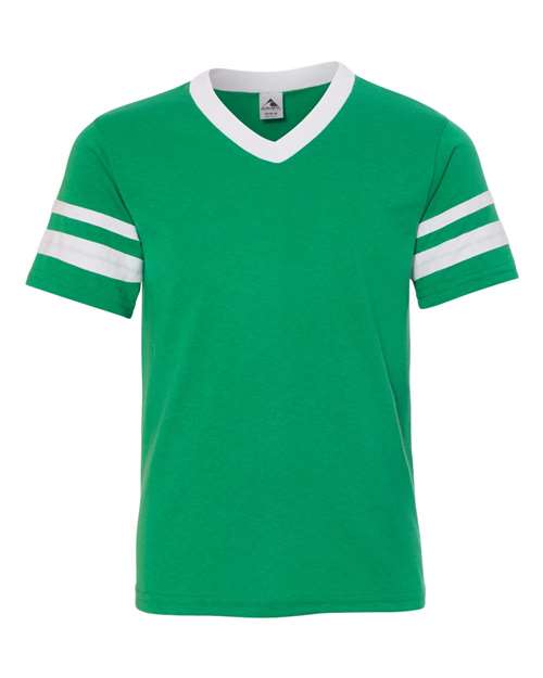 Augusta Sportswear 361 Youth V-Neck Jersey with Striped Sleeves - Kelly/ White - front