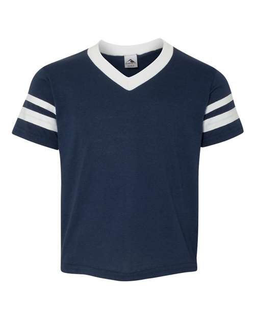 Augusta Sportswear 361 Youth V-Neck Jersey with Striped Sleeves - Navy/ White - front