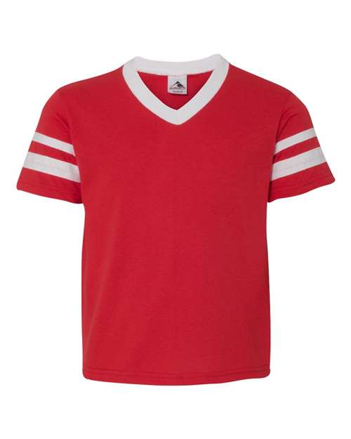 Augusta Sportswear 361 Youth V-Neck Jersey with Striped Sleeves - Red/ White - front