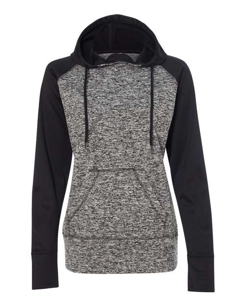 J. America 8618 Women’s Colorblocked Cosmic Fleece Hooded Sweatshirt - Charcoal Fleck/ Black - front