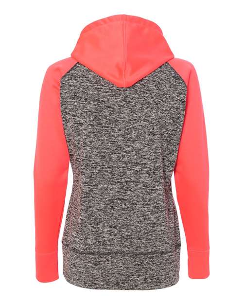 J. America 8618 Women’s Colorblocked Cosmic Fleece Hooded Sweatshirt - Charcoal Fleck/ Fire Coral - back