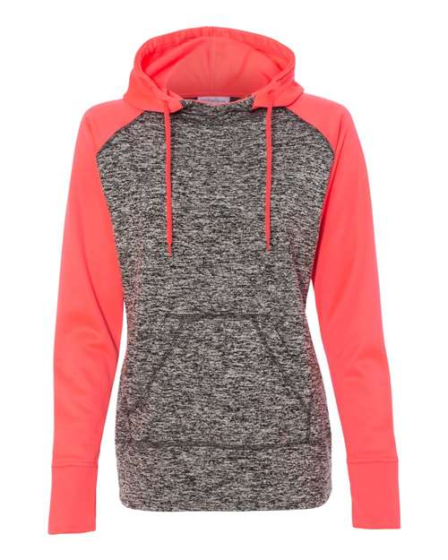 J. America 8618 Women’s Colorblocked Cosmic Fleece Hooded Sweatshirt - Charcoal Fleck/ Fire Coral - front