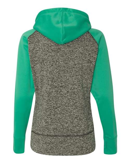 J. America 8618 Women’s Colorblocked Cosmic Fleece Hooded Sweatshirt - Charcoal Fleck/ Emerald - back