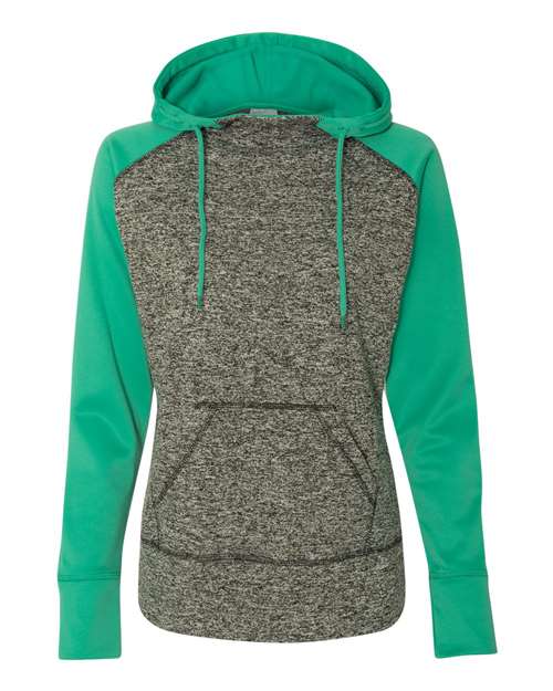 J. America 8618 Women’s Colorblocked Cosmic Fleece Hooded Sweatshirt - Charcoal Fleck/ Emerald - front