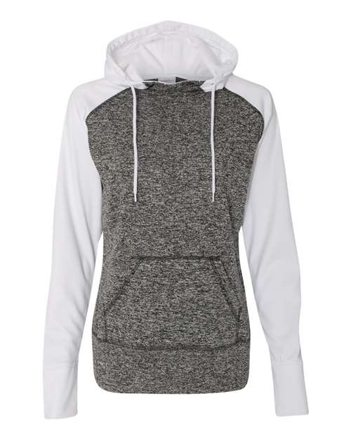 J. America 8618 Women’s Colorblocked Cosmic Fleece Hooded Sweatshirt - Charcoal Fleck/ White - front