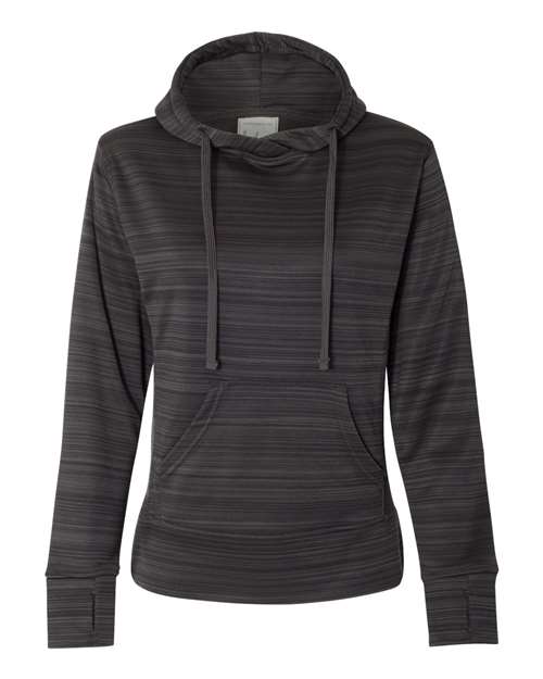 J. America 8662 Women's Odyssey Striped Performance Fleece Lapover Hooded Sweatshirt - Granite - front