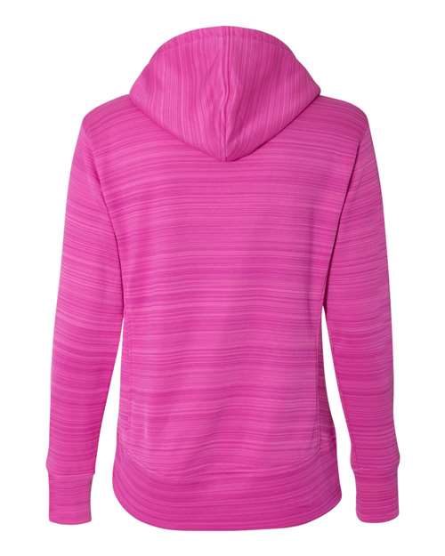 J. America 8662 Women's Odyssey Striped Performance Fleece Lapover Hooded Sweatshirt - Passion Pink Stripe - back