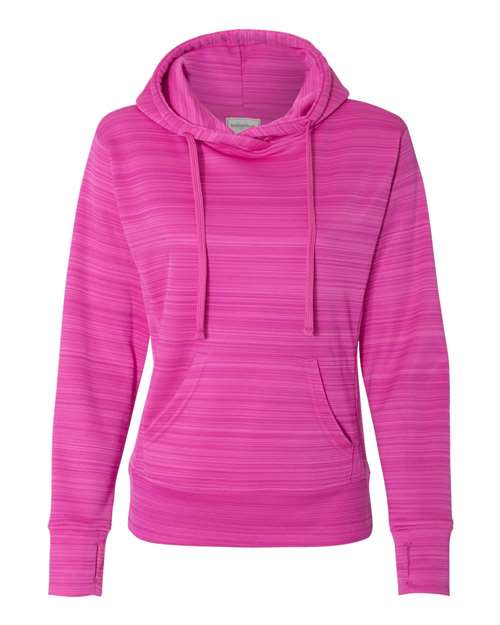 J. America 8662 Women's Odyssey Striped Performance Fleece Lapover Hooded Sweatshirt - Passion Pink Stripe - front