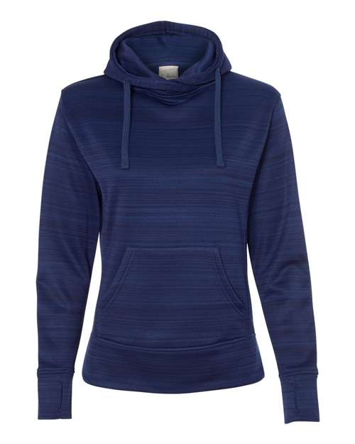 J. America 8662 Women's Odyssey Striped Performance Fleece Lapover Hooded Sweatshirt - Sapphire - front