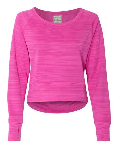 J. America 8663 Women's Odyssey Striped Performance Fleece Hi-Low Crewneck Sweatshirt - Passion Pink Stripe - front