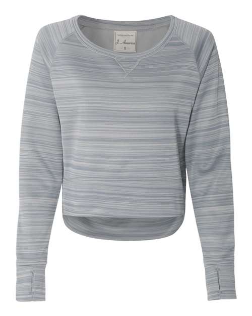 J. America 8663 Women's Odyssey Striped Performance Fleece Hi-Low Crewneck Sweatshirt - Quarry - front