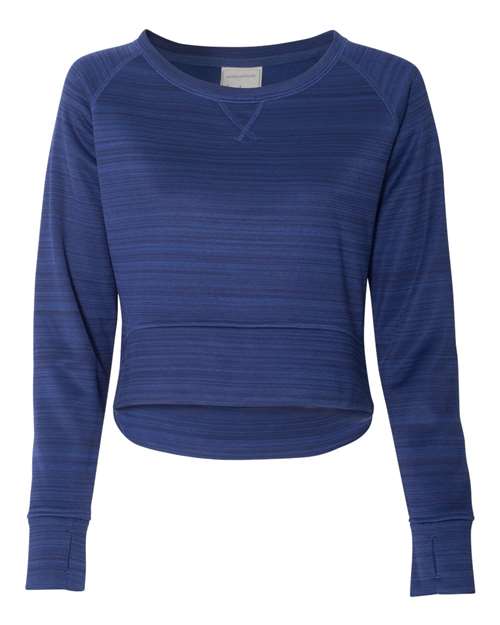 J. America 8663 Women's Odyssey Striped Performance Fleece Hi-Low Crewneck Sweatshirt - Sapphire - front