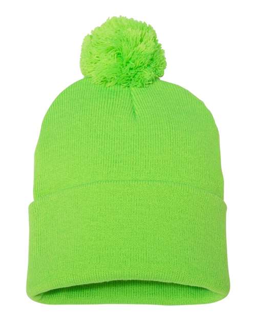 Sportsman SP15 12" Pom-Pom Cuffed Beanie - Neon Green - front