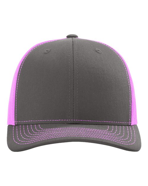 Richardson 112 Snapback Trucker Cap - Charcoal/ Neon Pink - front