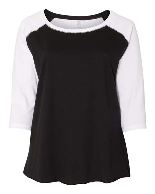 LAT 3830 Women's Curvy Collection Baseball Three-Quarter Sleeve Tee - Black/ White - front