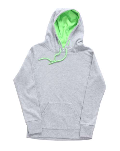 J. America 8616 Women’s Cosmic Fleece Hooded Sweatshirt - Ice Fleck/ Neon Green - front