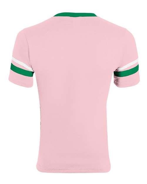 Augusta Sportswear 360 V-Neck Jersey with Striped Sleeves - Light Pink/ Kelly/ White - back