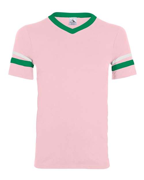 Augusta Sportswear 360 V-Neck Jersey with Striped Sleeves - Light Pink/ Kelly/ White - front