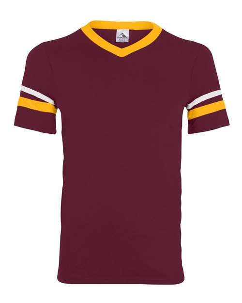 Augusta Sportswear 360 V-Neck Jersey with Striped Sleeves - Maroon/ Gold/ White - front
