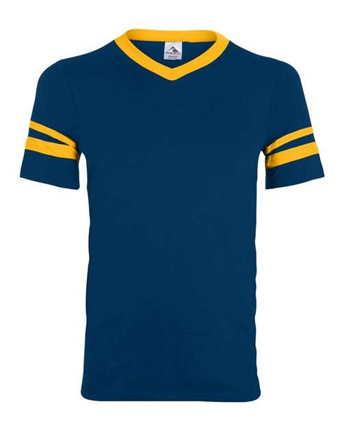 Augusta Sportswear 360 V-Neck Jersey with Striped Sleeves - Navy/ Gold - front