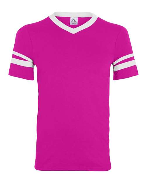 Augusta Sportswear 360 V-Neck Jersey with Striped Sleeves - Power Pink/ White - front