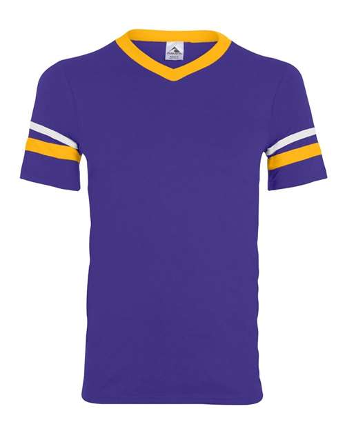Augusta Sportswear 360 V-Neck Jersey with Striped Sleeves - Purple/ Gold/ White - front