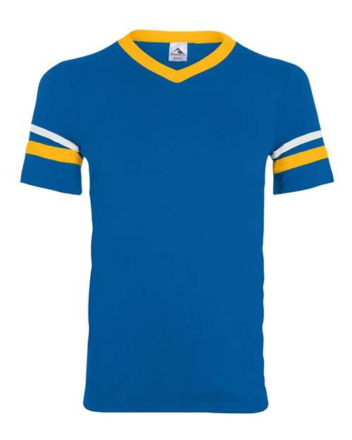 Augusta Sportswear 360 V-Neck Jersey with Striped Sleeves - Royal/ Gold/ White - front
