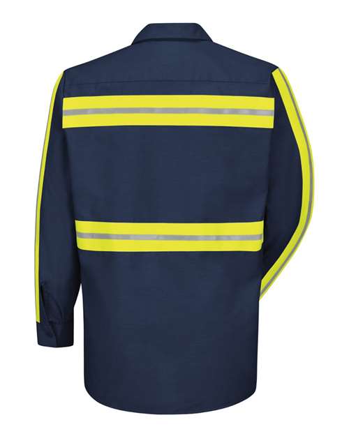 Red Kap SP14E Men's Industrial Enhanced-Visibility Long Sleeve Work Shirt - Navy/ Yellow Trim - back