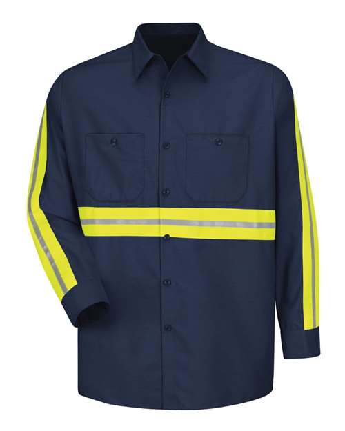Red Kap SP14E Men's Industrial Enhanced-Visibility Long Sleeve Work Shirt - Navy/ Yellow Trim - front