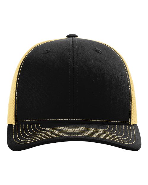 Richardson 112 Snapback Trucker Cap - Black/ Vegas Gold - front