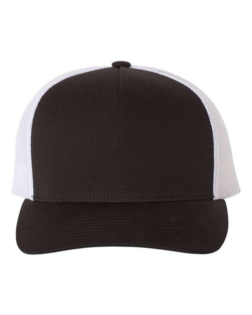YP Classics 6506 Five-Panel Retro Trucker Cap - Black/ White - front