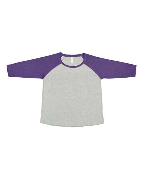 LAT 3830 Women's Curvy Collection Baseball Three-Quarter Sleeve Tee - Vintage Heather/ Vintage Purple - front
